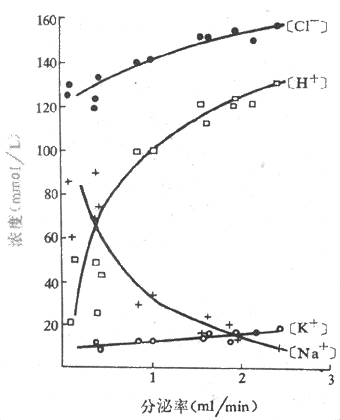人胃液中电解质浓度与分泌率的关系胃液分泌是用组胺静脉注射引起的